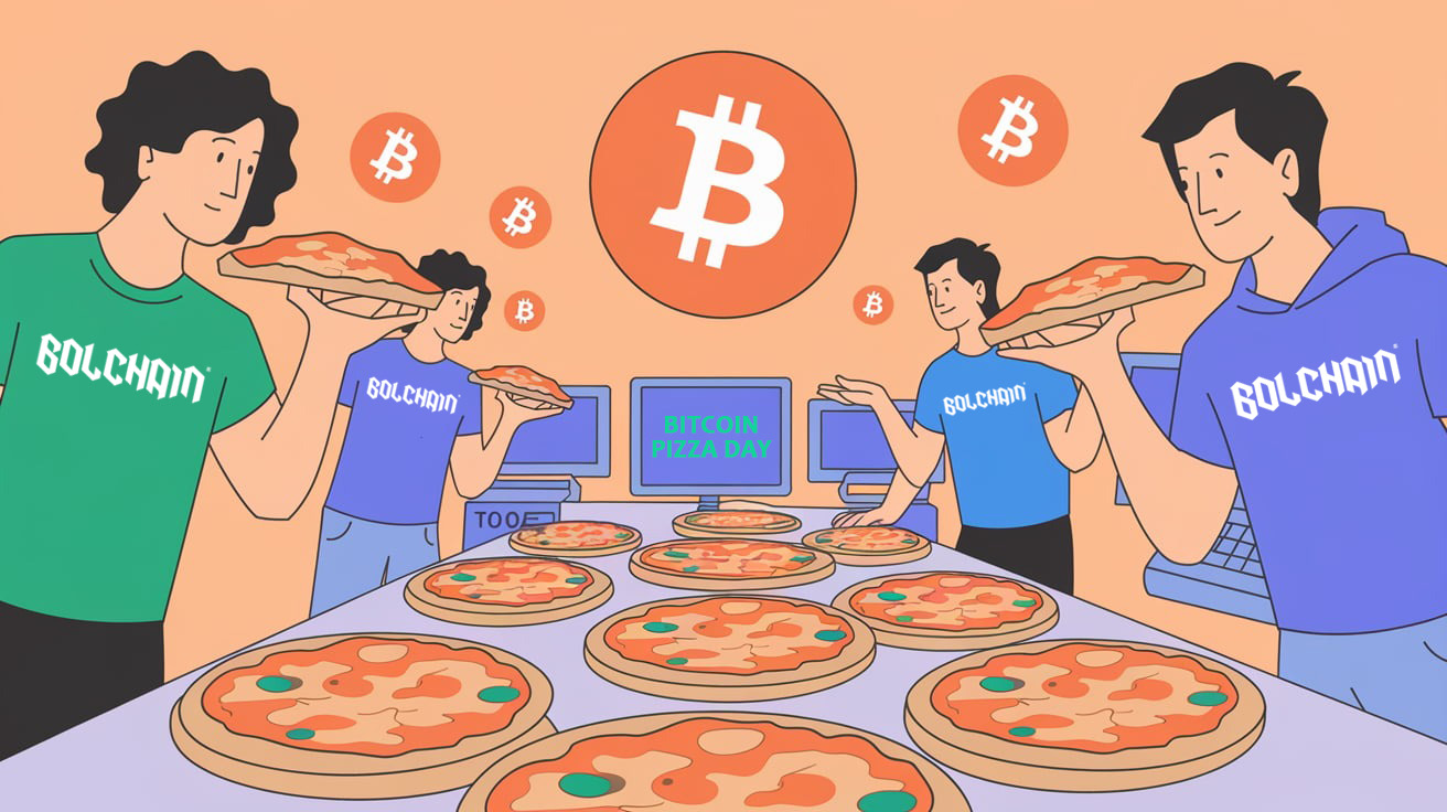 Celebración del Bitcoin Pizza Day 2025 con pizzas y Bitcoin.